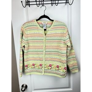 Talbots Petites Green Fair Isle Floral Cotton Cardigan Sweater Medium PM